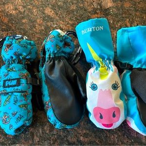 2 pairs of Barely worn Burton and POW kids winter mittens. Size 4T and 8.